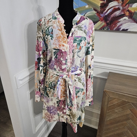 ZARA Floral Parrot Linen Mini Dress M Belted Long Sleeve Size M belt, NEW! - Picture 2 of 16